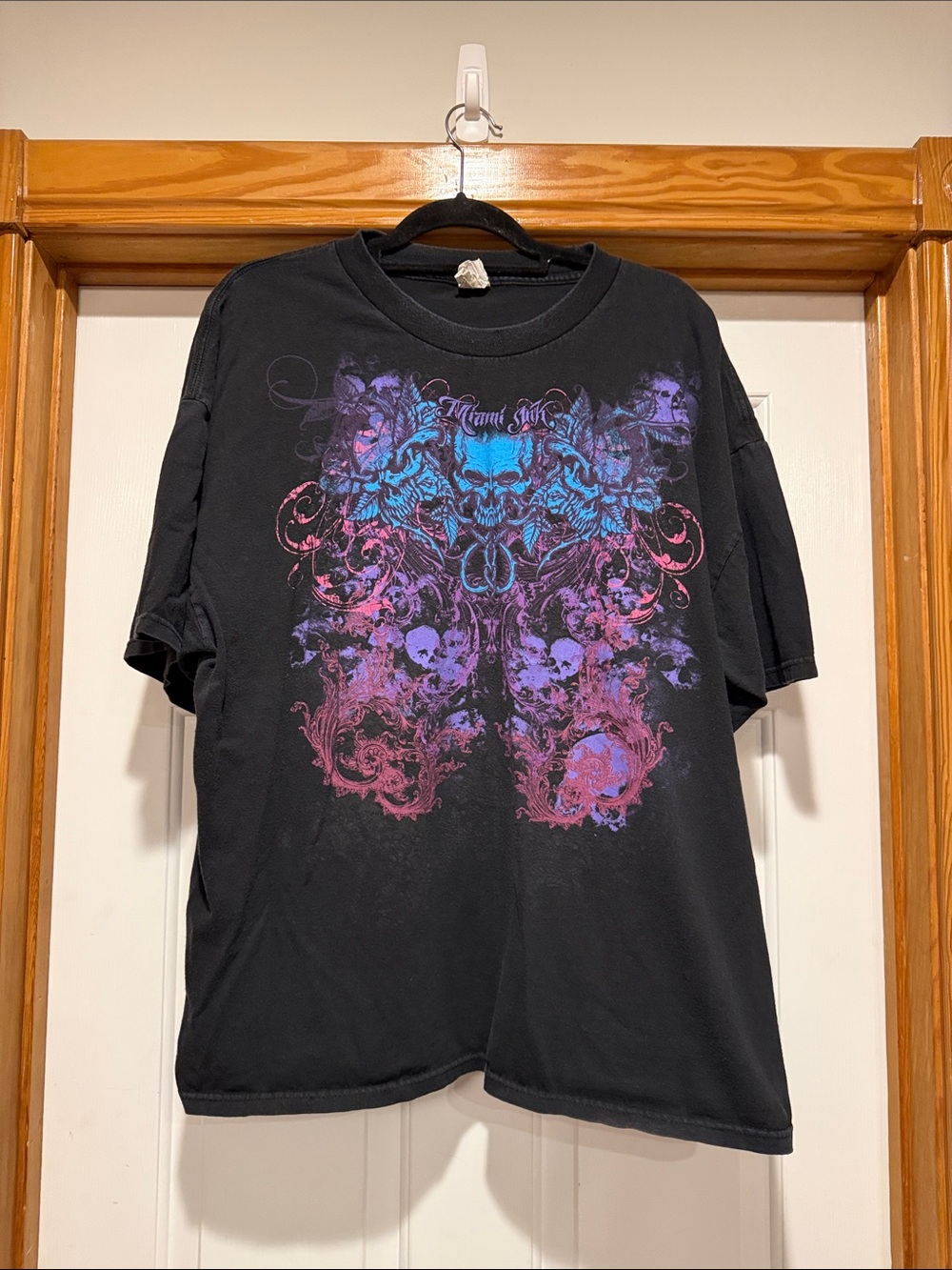 Alstyle Black Short Sleeve Tee with Purple & Blue Skull Design